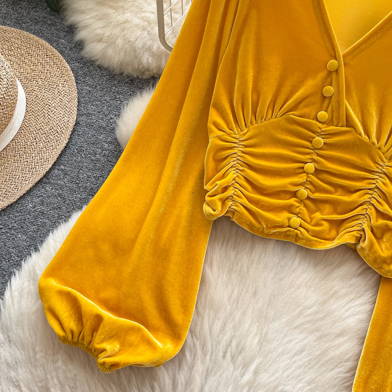 섹시한 긴 소매 랜턴 슬리브 벨루어 슬림 탱크 탑, 시크한 여성 파티 탑, Y2K 하이 스트리트 여성 의류