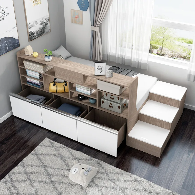 Bookshelf integrated single small apartment tatami storage high box bed