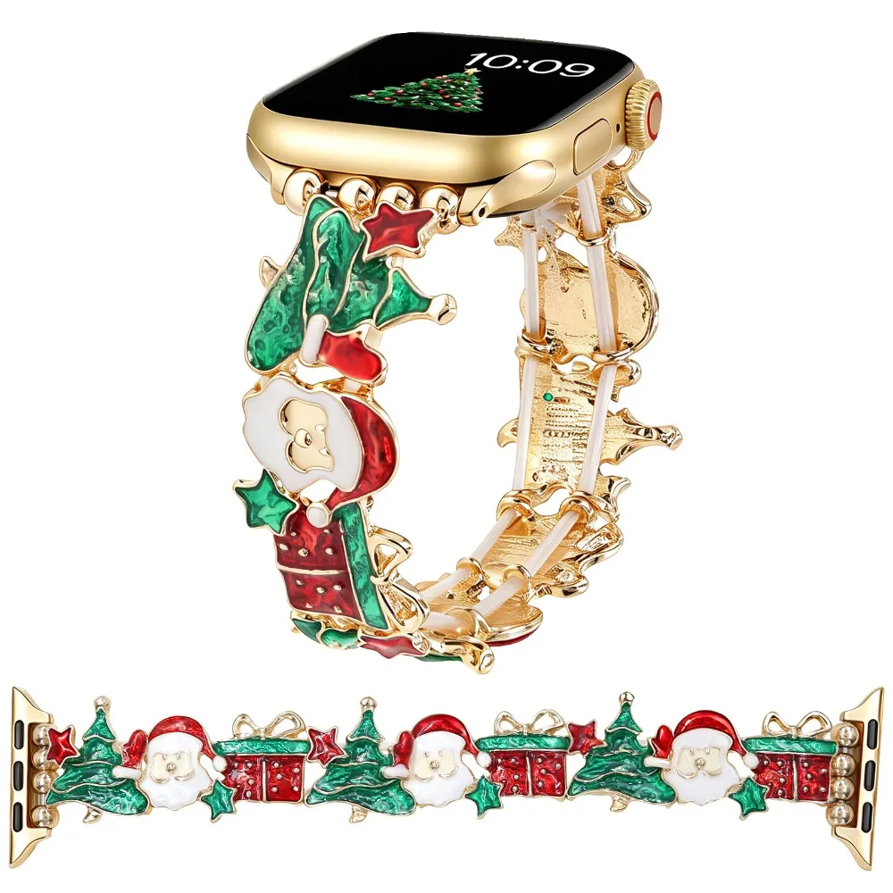 New Santa Claus Enamel Metal Stretch Watch Band Christmas Charm Bracelet Style Replacement Wrist Strap