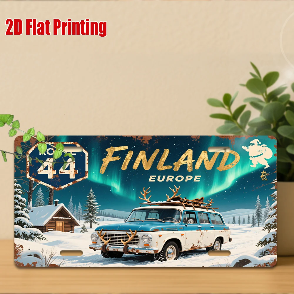 2D Flat Design, a Vintage Route 44 Finnish Metal License Plate - a Heavy Metal Sign Featuring The Finnish Flag, Northern Lights,