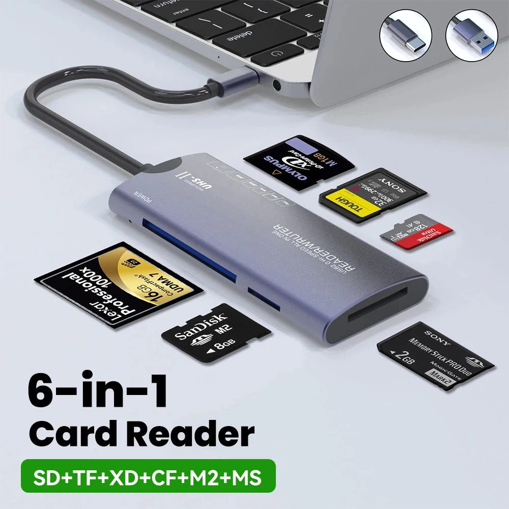6-in-1 USB2.0/TYPE-C multifunction card reader SD/TF/XD/CF/M2 memory card adapter, suitable for data transfer and more.