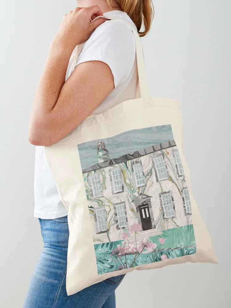The Bronte Sisters' Parsonage,Haworth : Collage in Marbled Bookbinding Paper Tote Bag Cloth bag reusable shopping bag