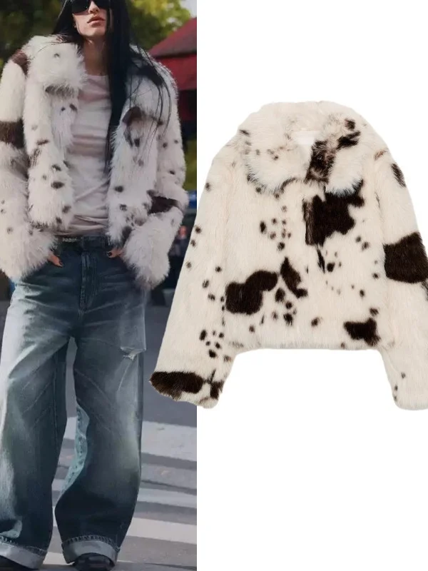 Faionable efeito de pele artificial animal impressão jaet feminino high-end sensação inverno outerwear ele sle longo sve casaco