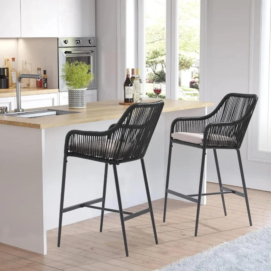 Barhocker aus Korbgeflecht, 2er-Set, Terrasse, Outdoor, Rattan-Seil, Barhöhenstühle mit Kissen, Armlehne und Fußstütze für Innengarten, Poo