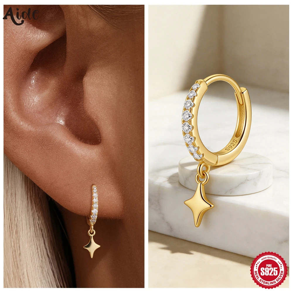 Aide 1Piece 925 Sterling Silver Delicate Zircon Star Dangle Earring 18k Gold Plated CZ Huggie Hoop Perfect Birthday Gift for Her