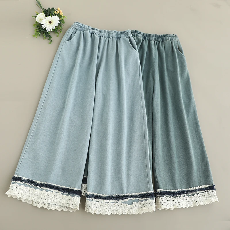 

Spring Summer New Japanese Vintage Mori Girl Lace Hem Denim Wide Leg Pants Women Elastic Waist Casual Loose Jeans Pants