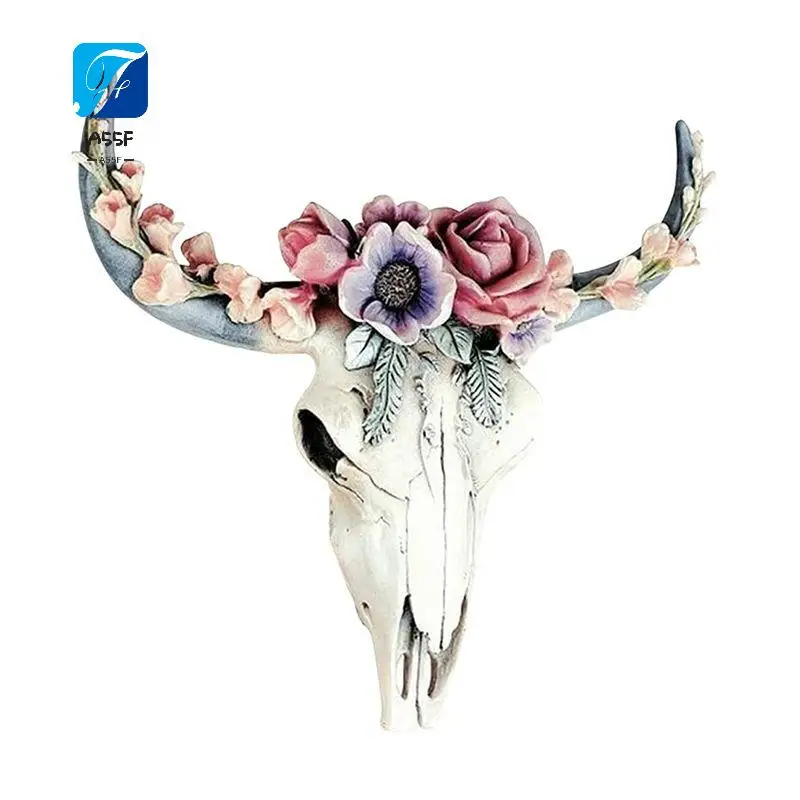 A55F-Resin Longhorn Cow Skull Head Wall Hanging Decor,Flower Cow Skull Wall Decor Nursery Decor Resin Ornament With Hanging