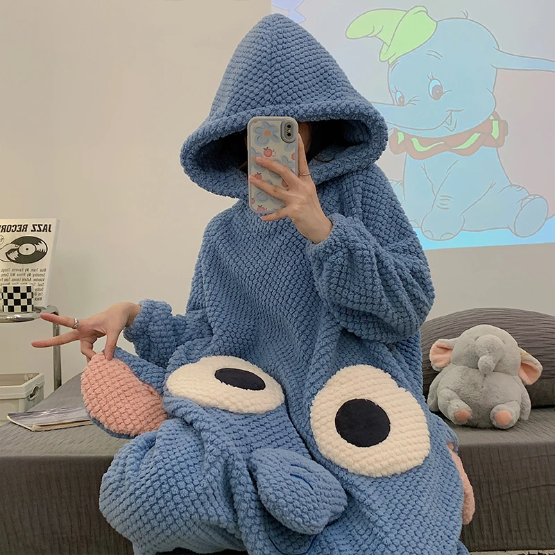 女性のkigurumis象のフード付きonesie、珊瑚フリースパジャマ、厚いパジャマ、漫画のラウンジウェア