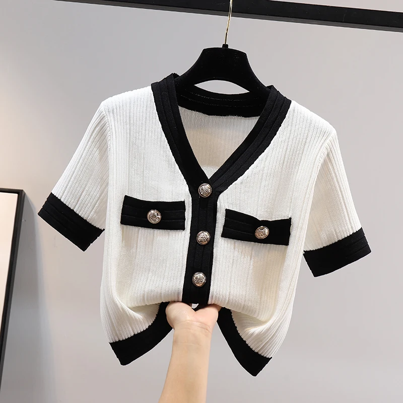 Summer Slim Fit Knitted Cardigan Women Korean Fashion Short Sleeve Sexy V-neck Contrast Color Crop Top Elegant French Shirt Y2k