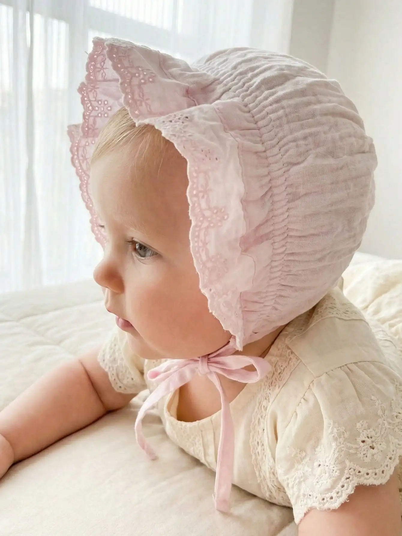 1Pc Vintage Lace Floral Baby Bonnet for Girls 3-12M, Court Style Infant Hat with Heavy Embroidery, Soft Retro Beanie - view 3