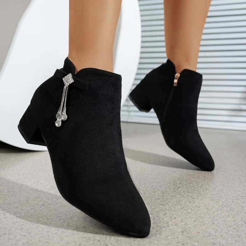 

Women's Rhinestone Tassel Booties Fashion Pointed Toe Suede Side Zipper Non-Slip Wear-Resistant Block Heel