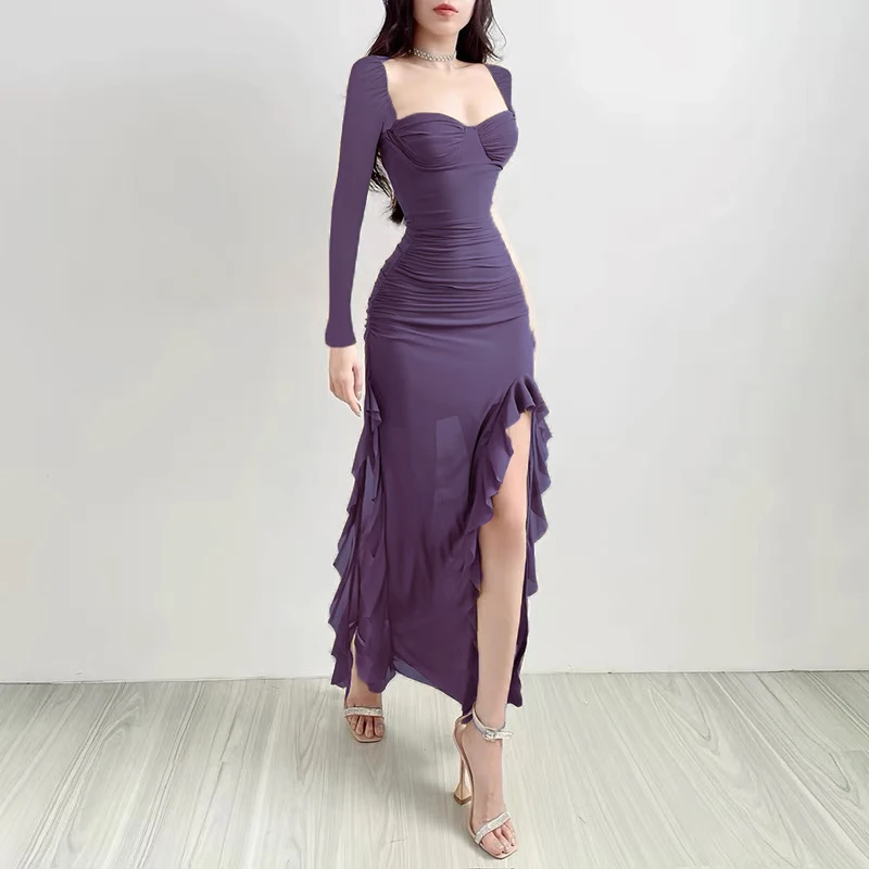 Slightly Intoxicating Charm, Chest Shaped Ruffled Hem, Split Mesh Long Skirt, Waist Cinched Purple Dress