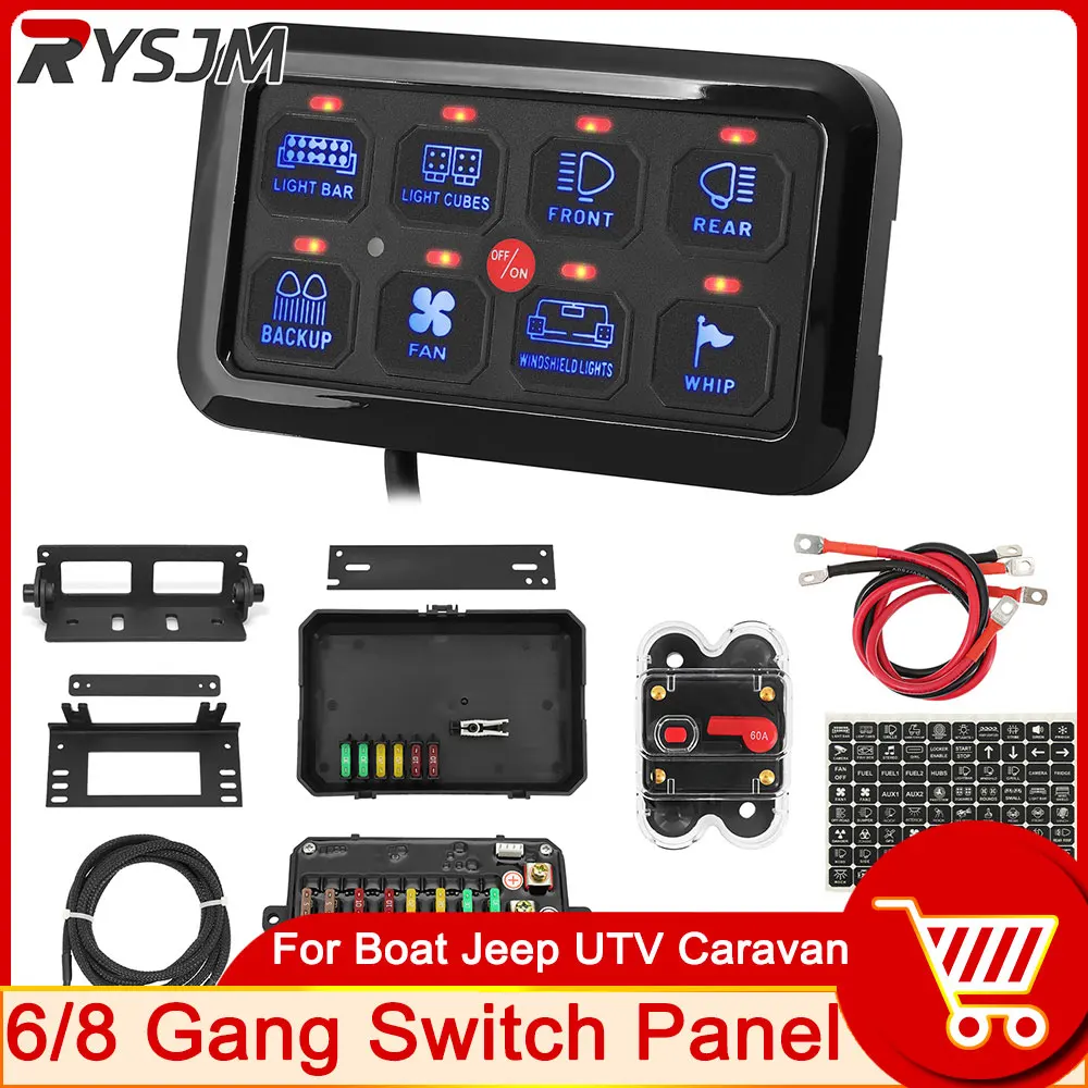 6/8 Gangs LED Switch Panel + Stickers Universal 12V Light On-Off Control Relays System Slim Electronic Relay System for SUV Boat