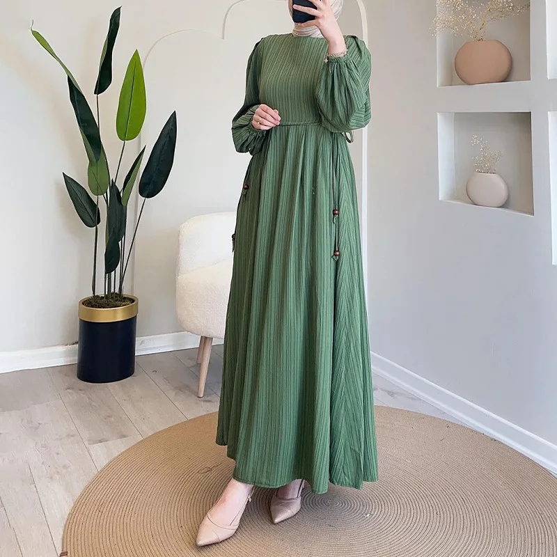 

2025 Women's Autumn Crew Neck Lantern Sleeve Robe Elegant and Comfortable Dress European and American