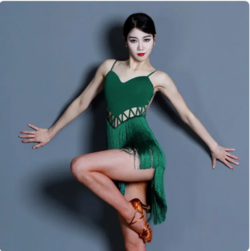 

Sexy Backless Latin Dance Competition Dress Green Brown Fringe ChaCha Samba Performance Costume Adult Practice Wear