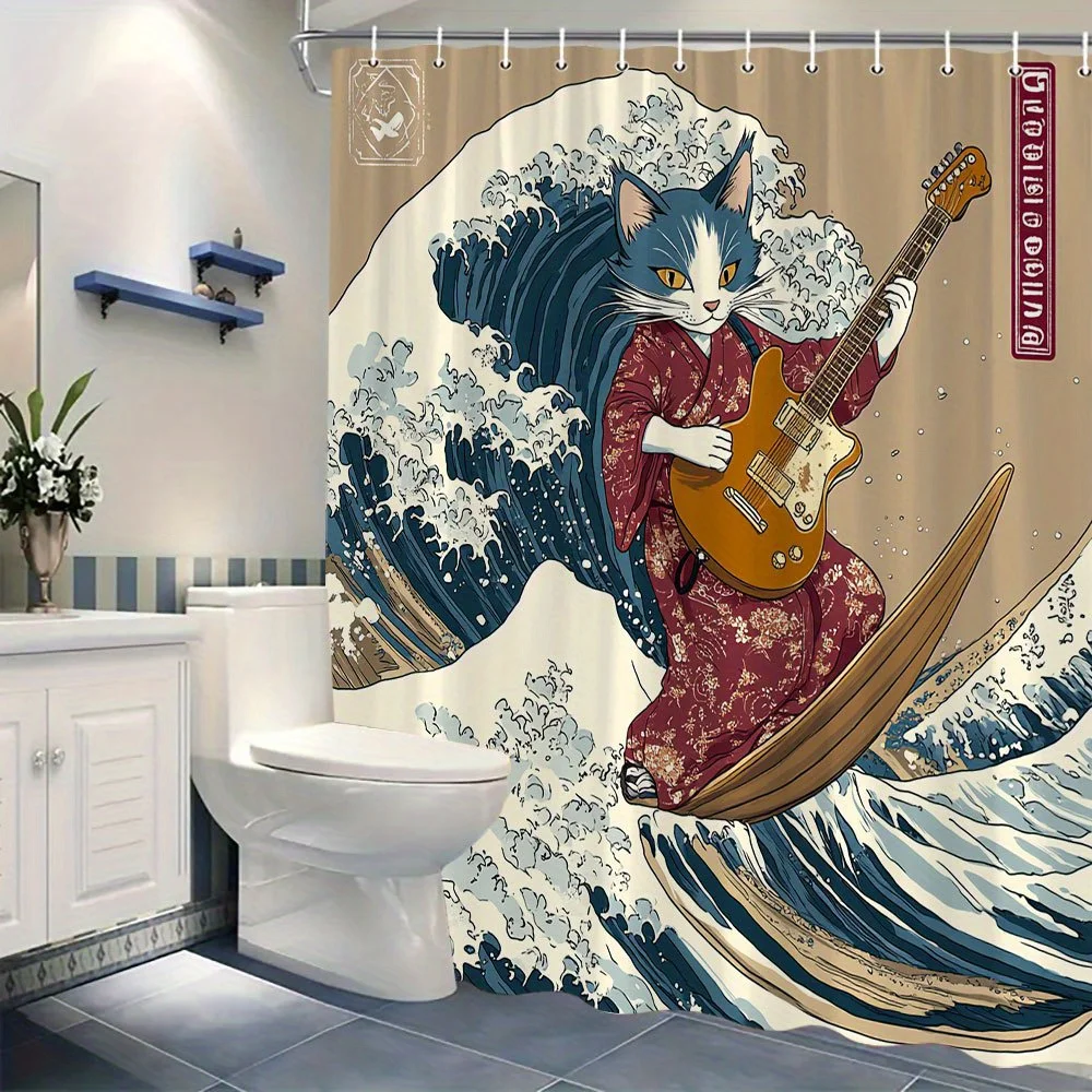 

Unique Cat Playing Guitar Print Waterproof Shower Curtain for Bathroom, Japanese Wave Design High-End Toilet Partition Curtain