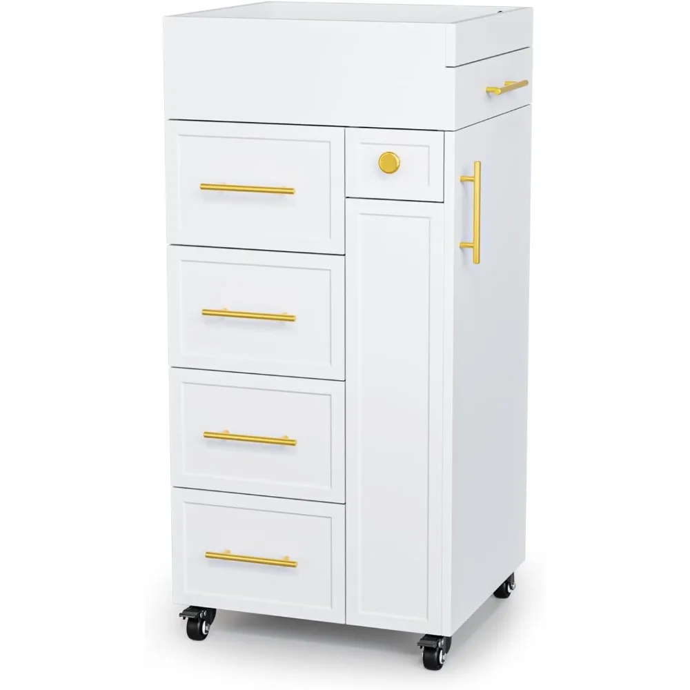 Carrinho de salão de beleza, estação de estilo de cabelo com 5 gavetas, 3 porta-ferramentas e prateleira ajustável, armário de armazenamento móvel