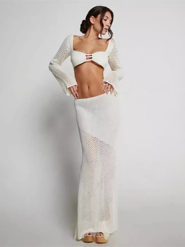 

Summer Women's Tie-up Long-sleeved Hip-wrapped Casual Knitted Long Skirt Set Sexy Hot Girl Wind-backed Long Skirt Two-piece Set