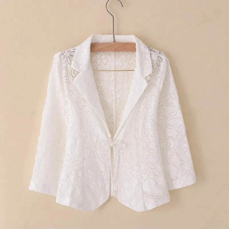

Женский пиджак, весна-лето 2024, новый тонкий кардиган, солнцезащитная одежда, кружевной костюм с рукавами три четверти, топ, женский