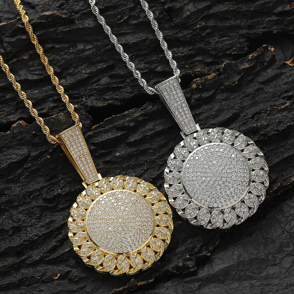 

Стальное позолоченное ожерелье 18 карат - круглая подвеска с кубинским узором из циркона (мужской хип-хоп стиль)