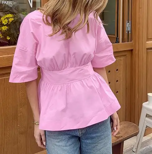 

Spring Summer Pure Cotton Short Sleeved Backless Lace Up Shirt Top, New Comfortable and Versatile Fashionable Women's Clothing