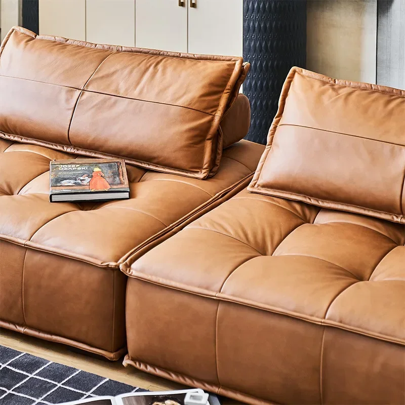Oil wax leather sofa living room small apartment free combination expression bag antique module sofa