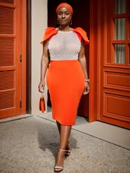 Plus Size Patchwork Midi Dresses for Ladies O Neck See Through Beading Orange Bodycon Cocktail Evening Birthday Outfits 2024