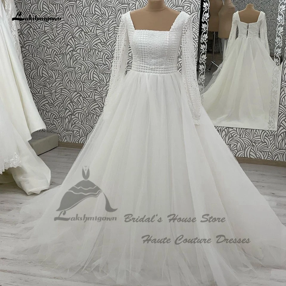 Lakshmigown elegante musulmán mujeres de manga larga boda Dersses personalizado 2024 Vestidos Vintage Off White vestido de novia cuello cuadrado