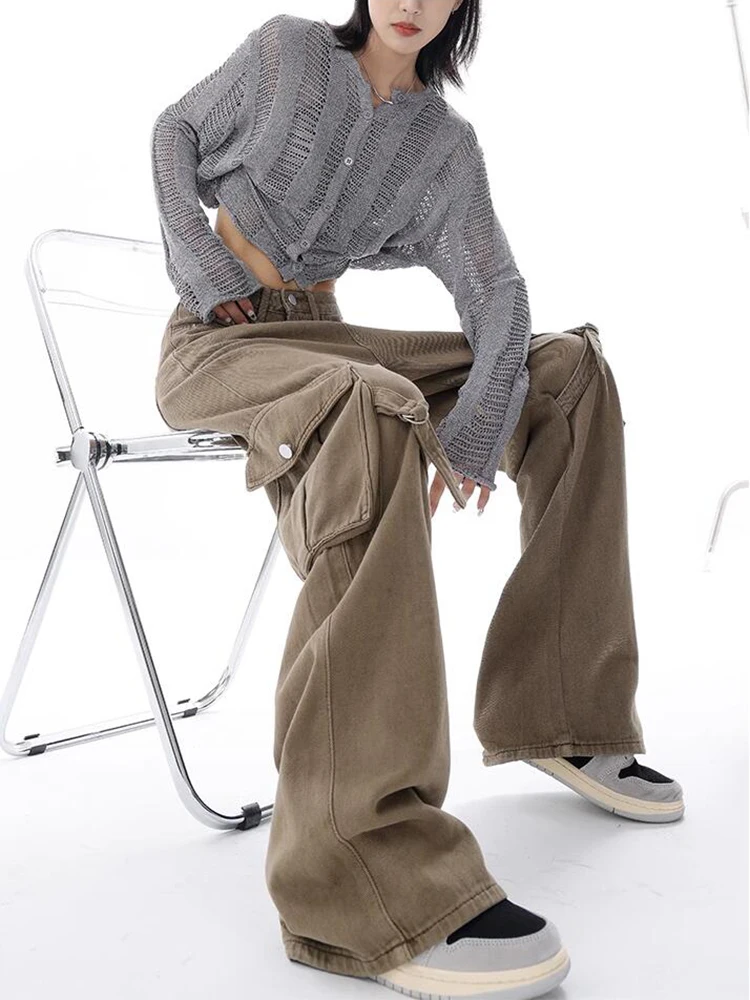 Vintage Pockets Cargo Jeans for Women Trendy High Waistd Wide Leg Denim Pants Casual Baggy Cargo Pants Y2K Boyfriend Trousers