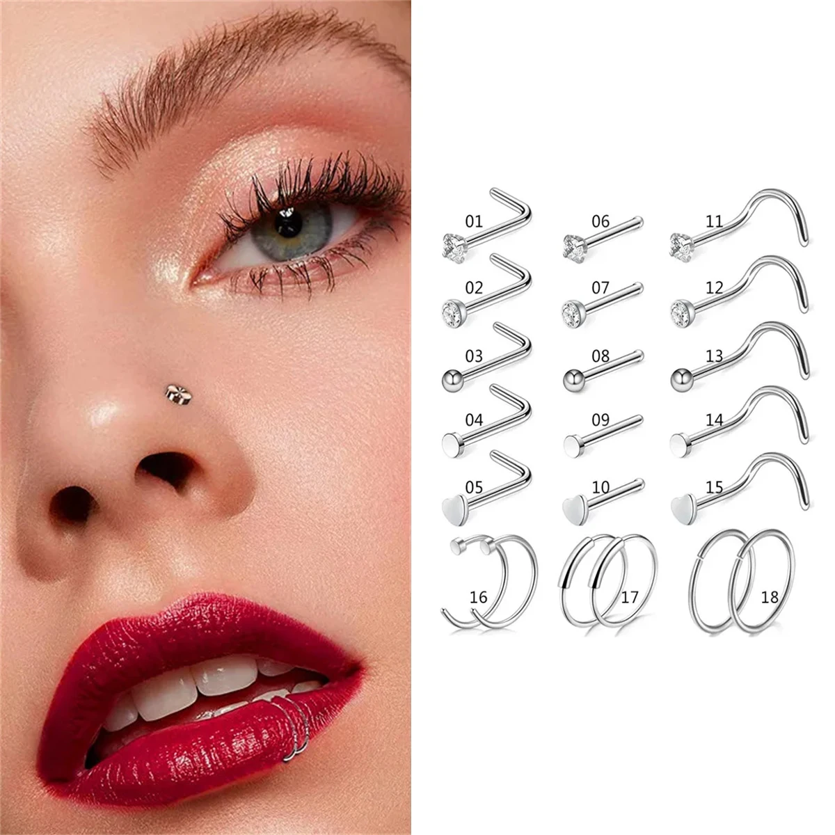 5/21pcs 20G Fashion Punk Stainless Steel Nose Studs for Women,Heart Screws Nostril Studs Hoop Nose Ring Septum Piering Jewelry