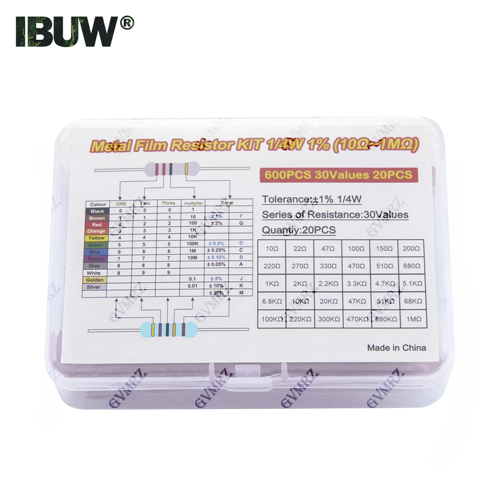 600PCS 30Values 1/4W Metal Film Resistor Assortment Kit - 20PCS Each, Boxed for Electronics DIY, Repair & Projects