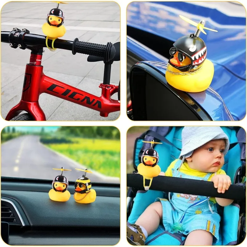 1pcs Rubber Yellow Duck With Propeller Helmet,Bandage and Gold ChainToy Car Dashboard Decorations Auto Bike Ornaments