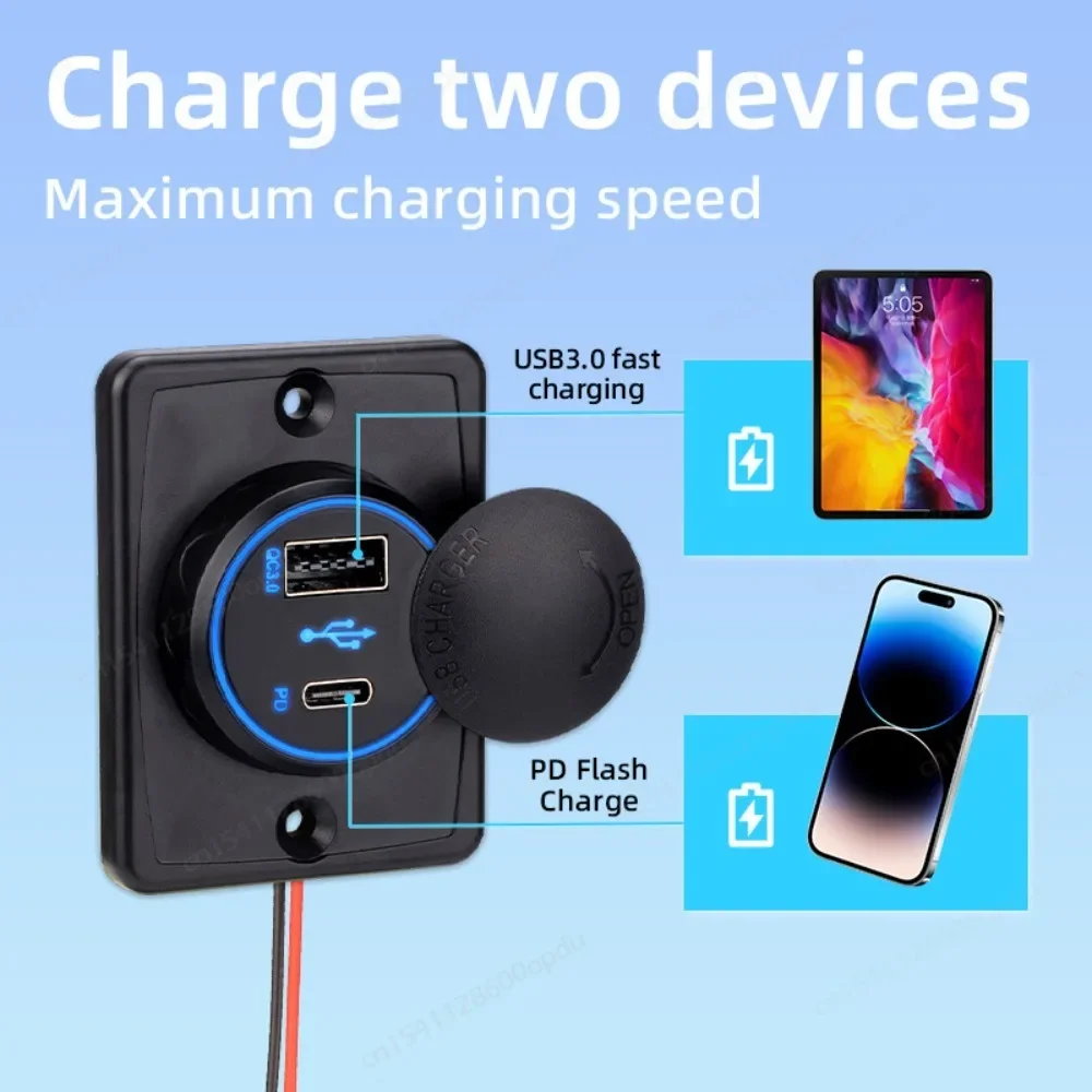 PD Type-C & QC3.0 USB-A Port Panel Wall Mount Car USB Socket Charger Power Adapter for 12V/24V RV Marine Boat Motorcycle Truck
