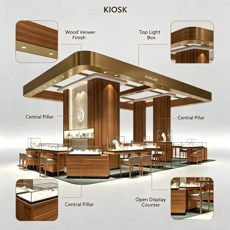 custom.Luxury Wood Grain Mall Jewelry Kiosk Curved Ceiling Canopy Recessed Spotlights Digital Advertising Screen Glass Display C
