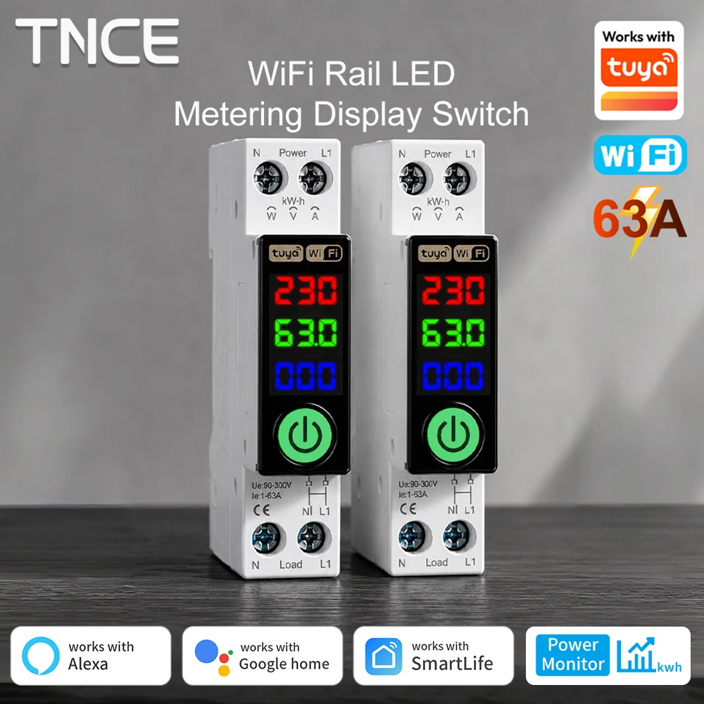 TNCE Tuya WiFi Smart MCB Circuit Breaker 1-63A Smart Over Current Under Voltage Protection Power Meter Voice Google Alexa