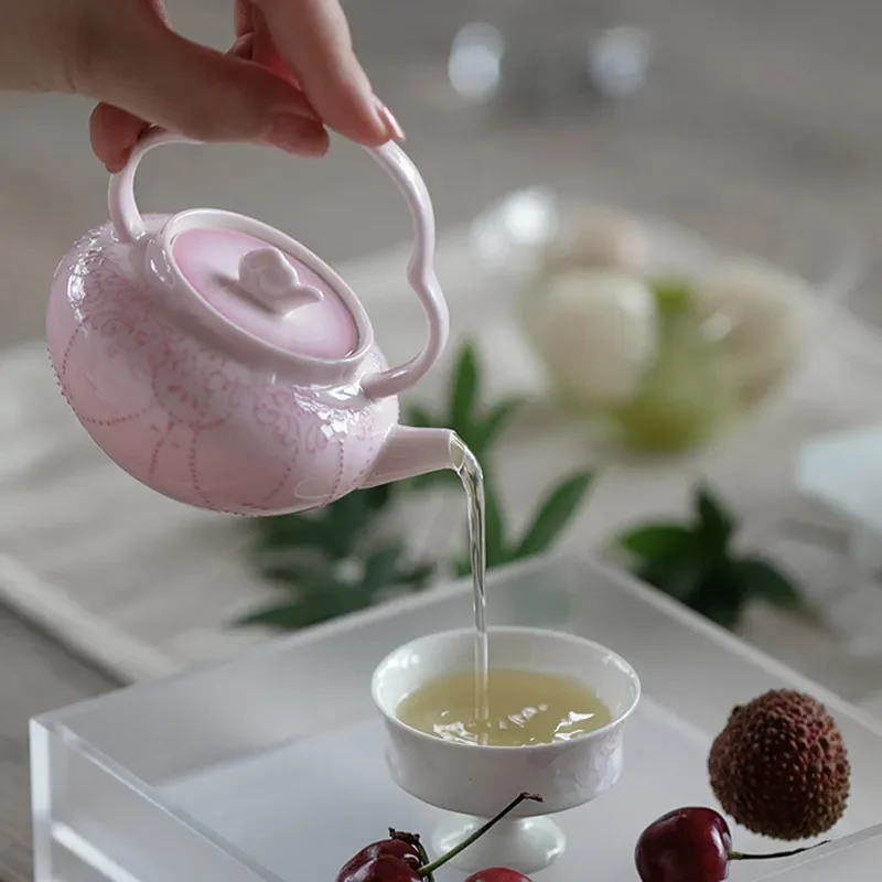 Pink Ceramic Kung Fu Tea Set Hand Painted Single Teapot Household Gongfu Brewing Ware Elegant Pink Glaze Beam Pot for Home