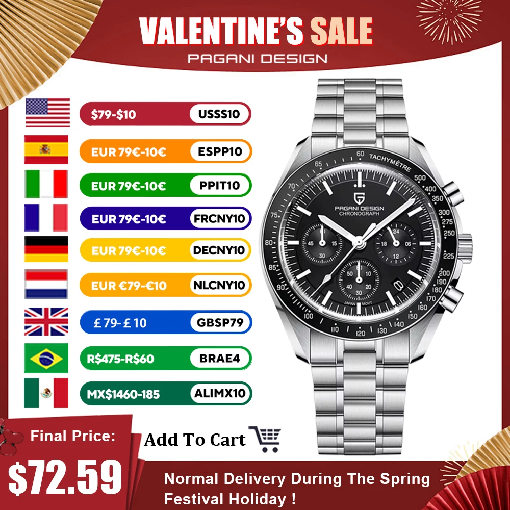 2026년 신제품 파가니 디자인 남성 시계, 최고급 브랜드, 럭셔리 자동 쿼츠 크로노그래프, 방수 스포츠 스테인리스 스틸 시계