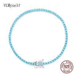 Pure Silver 2 mm Turquoise Blue Stone Tennis Bracelet 16/17/18 cm Length Beautiful Real 925 Fine Jewelry For Women