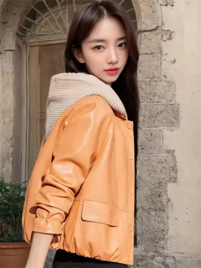 Chaqueta de cuero PU para motocicleta para mujer, abrigo corto con capucha de retazos, corte holgado, moda de primavera y otoño, prendas de vestir exteriores para mujer