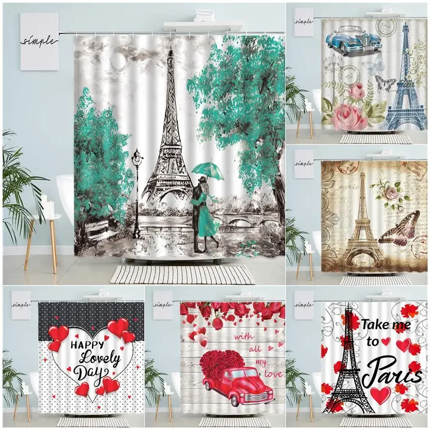 France Paris Tower Shower Curtains Romantic Sweetheart Butterfly Flowers Red Rose Love Pattern Modern Fabric Bathroom Decor Sets