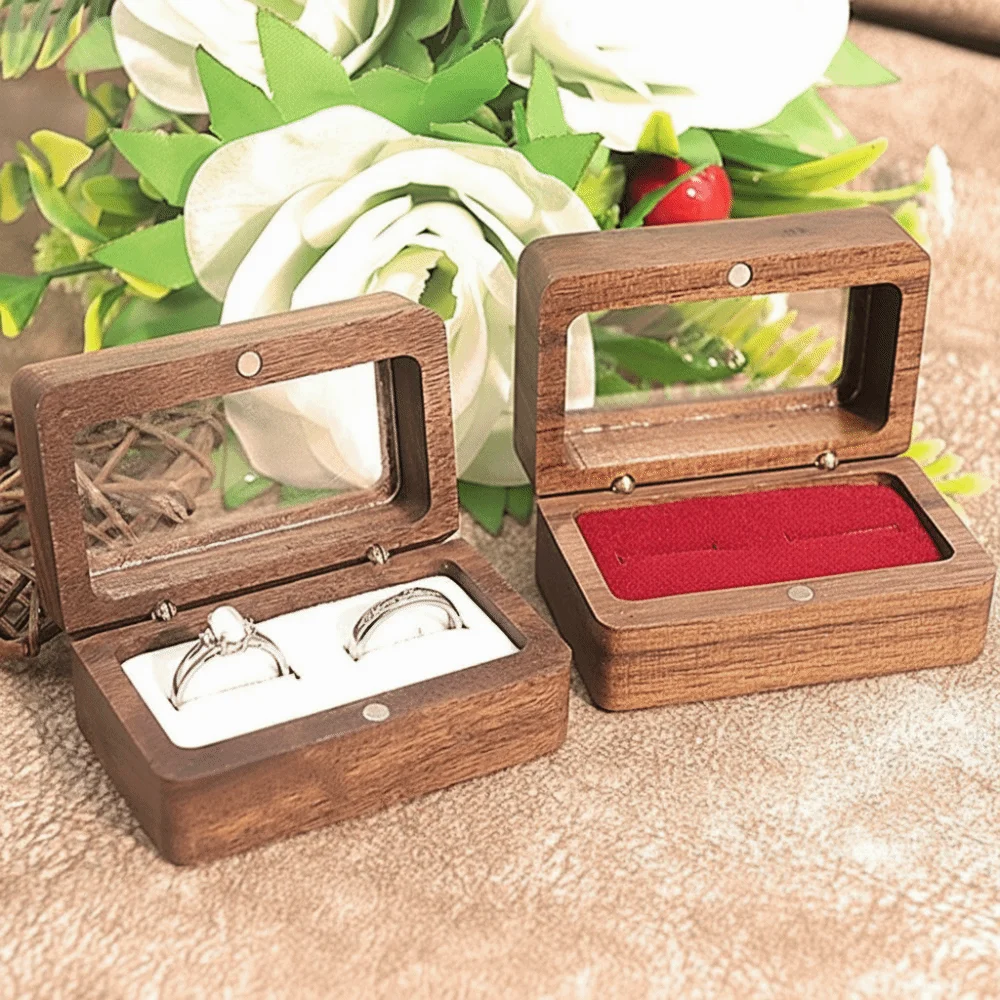 

Высококачественная деревянная шкатулка для украшений с прямоугольным окном, коробка для хранения колец, ретро-футляр для демонстрации колец, подарок для влюбленных