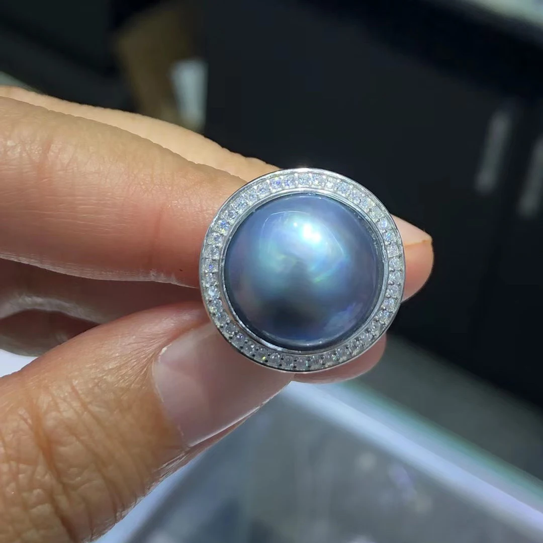 

14-14.5mm Huge Blue Mabe Pearl Open Ring for Women Resizable Finger Ring Vintage Party Jewellery Wedding Engagement Ring Gifts