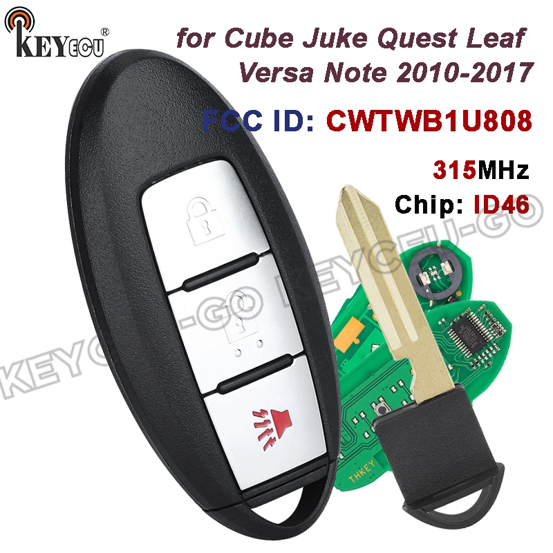 

KEYECU 315 МГц ID46 Чип FCC ID: CWTWB1U808 для Nissan Cube Juke Quest Leaf Versa Note 2010-2017 Смарт-брелок с 3 кнопками