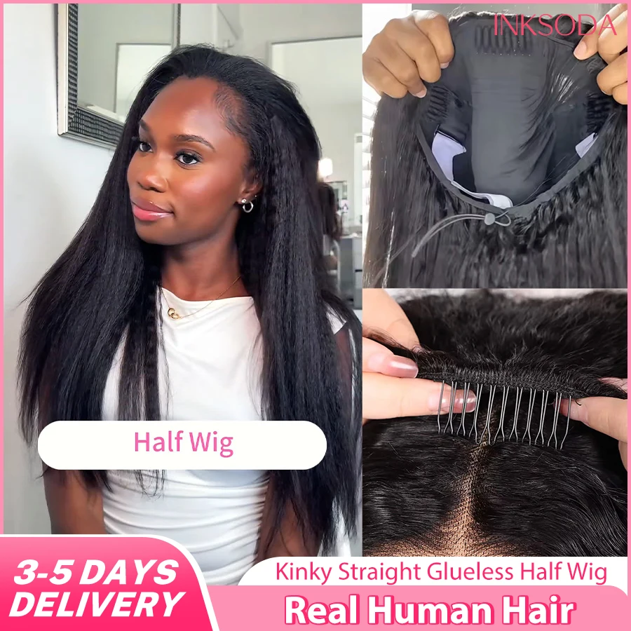 

12A 220% Density Kinky Straight Half Wig Human Hair 38 Inch Wear Go Glueless 3 In 1 Natural Black Style Seamless Flip Over Drawstring Headband Wigs Clip Beginner Friendly Wig Wear-and-Go With Drawstring Quick Install For Women