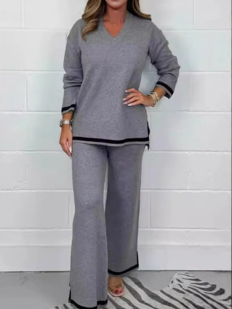 

Women Casual Loose Solid Knitted Two Piece Set Long Sleeve V-neck Pullover Tops And Wide Legs Pants Outfits Fashion Ladies Suit