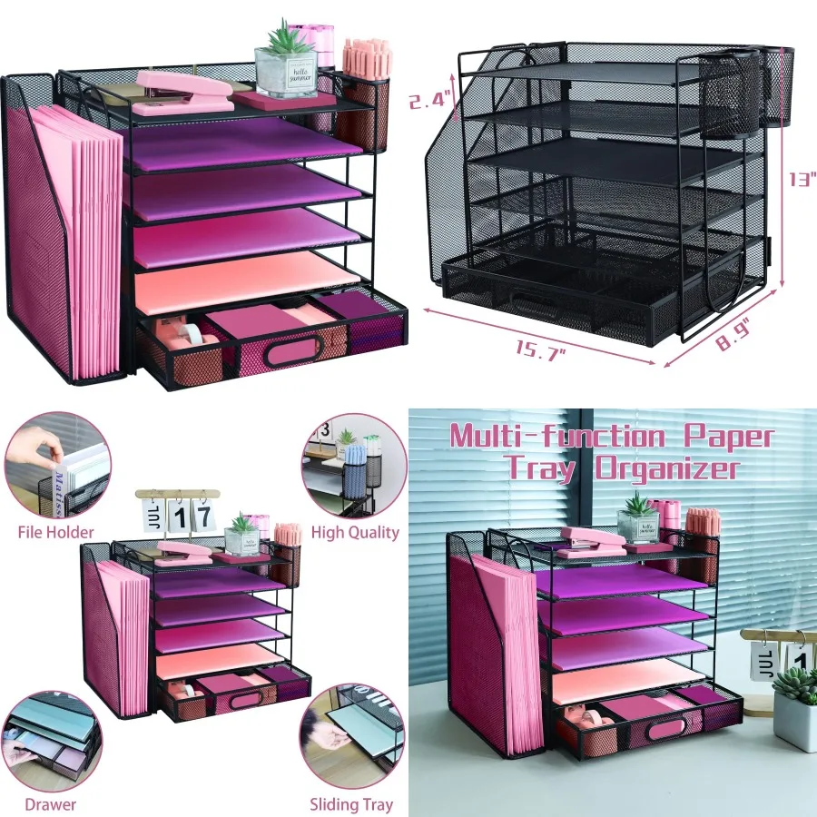 6-Tier Desktop Document Organizer with File Holder Drawer and 2 Pen Holders for Office Supplies Storage Mesh Design for Workspa