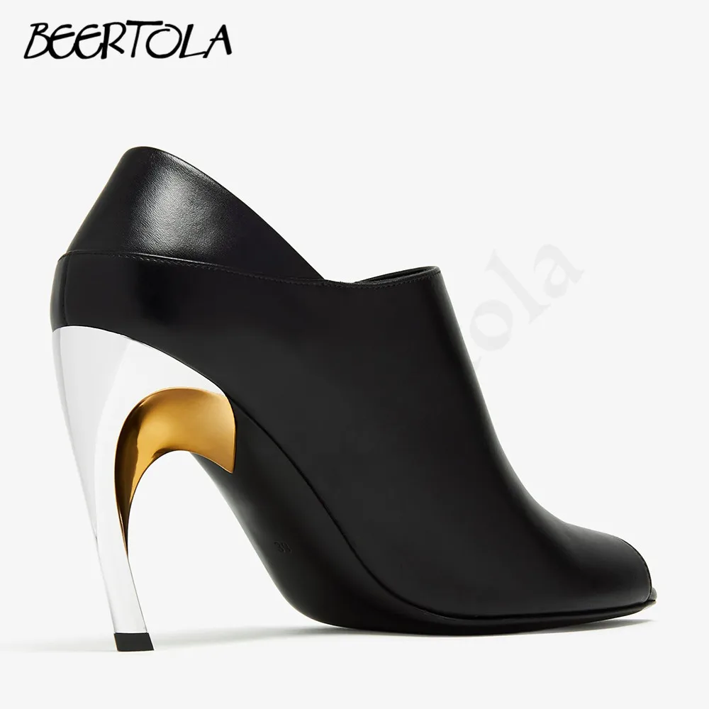 Women's Metal Special-Shaped Heel Shoes Round Head Open Toe Leather Fish Mouth Shoes Temperament Casual Large Size Pumps