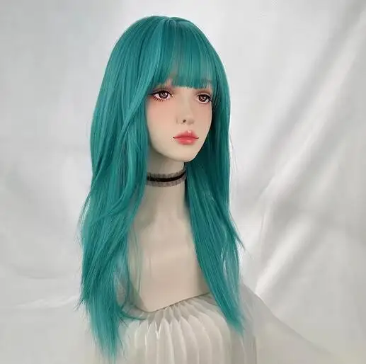 Groen Blauw Synthetische Lange Rechte Vrouwen Pruik met Pony Lolita Cosplay Pluizige Hittebestendige Pruik voor Dagelijks Feest