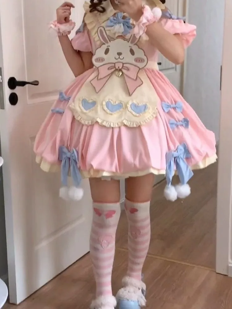 Kawaii Fairy Sweet Lolita Dress Women Cartoon Patchwork Y2k Aesthetic Dresses Harajuku Puff Sleeve Bow Party Mini Vestido 2024