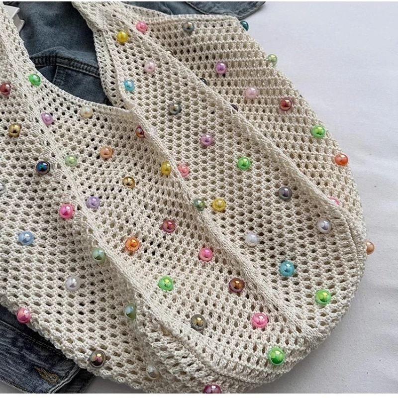 اليدوية المنسوجة حقيبة كتف الحياكة الجوف خارج الديكور صافي حقيبة سعة كبيرة المرأة حمل حقيبة التسوق في الهواء الطلق حقيبة يد عادية